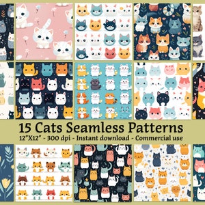 15 Seamless Digital Patterns of Cats, Digital Paper with cats, Cats Collage Sheets, Cats Background, Commercial use, Instant download