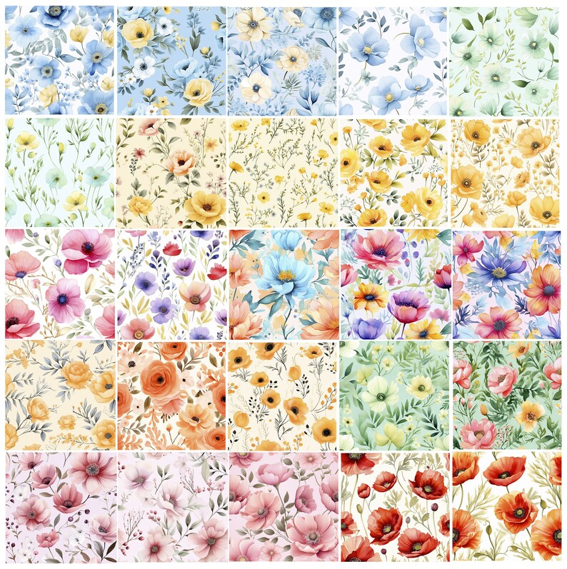 50 Watercolor Flower Seamless Patterns, Watercolor Floral Paper ...