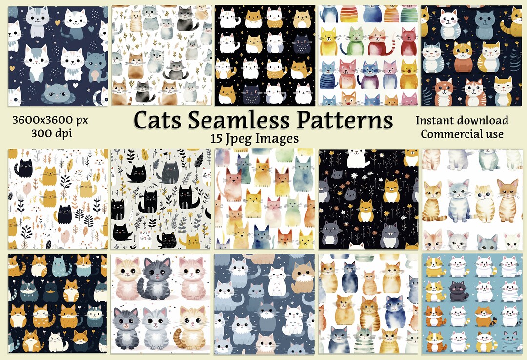 15 Seamless Cats Patterns, Digital Paper With Cats, Cats Collage Sheets ...