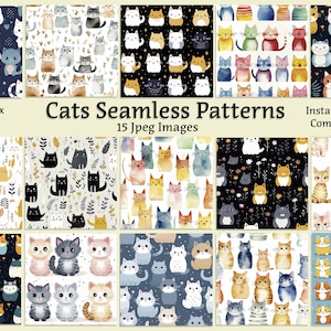 Puede incluir: Un conjunto de 15 patrones digitales sin costuras con lindos gatos de acuarela en varios colores y poses. Los patrones son perfectos para manualidades, scrapbooking y otros proyectos creativos. El texto "Cats Seamless Patterns" y "15 Jpeg Images" está incluido en la imagen.