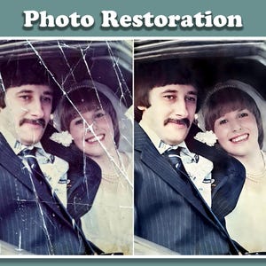 May include: A restored photo of a couple in a car. The photo has been digitally repaired to remove scratches and tears. The couple is smiling and appears to be happy.