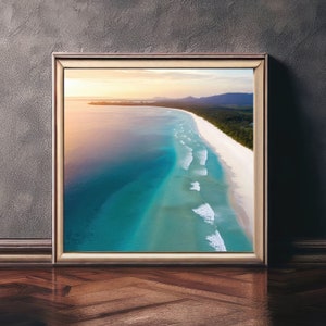 Beautiful white sand beach with turquoise water at sunset digital print wall art aerial photography