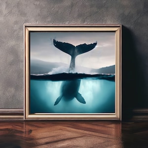 Humpback Whale above and below water with tail in the air digital print wall art photography