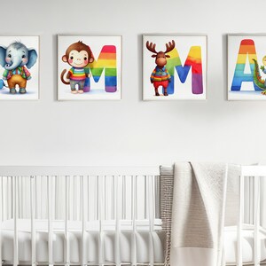 Mais de 100 imagens em aquarela de animais fofos ao lado da primeira letra de seus nomes, de A a Z, com impressão digital de nomes de meninos ou meninas