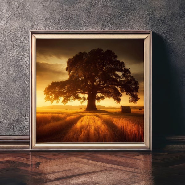 Beautiful old oak tree in a just cut hay field at sunset digital print wall art photography