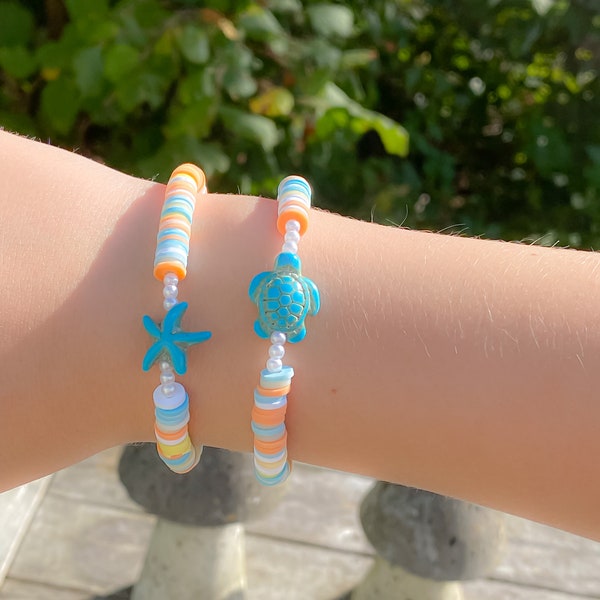 Cute clay bead bracelet with blue turtle or starfish | LunasBeadingShop