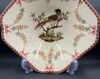 Vintage Floral Bird on a Branch Ornate Shallow Dish Made in Italy by Antiche Riproduzioni