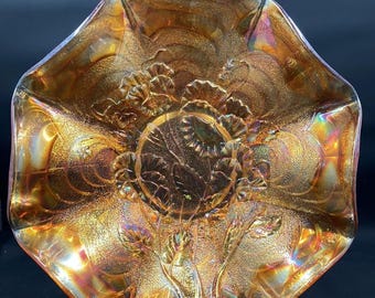 Vintage Imperial Art Glass Carnival Pansy Bowl Flowers 8" Marigold