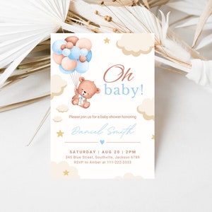 Bearbeitbare Bär Ballons Baby-Dusche-Einladung, druckbare Oh Baby Teddy Bär Baby-Dusche einladen, Geschlecht Neutral Braunbär,