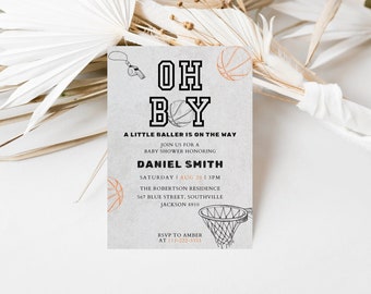May include: A baby shower invitation with a basketball theme. The invitation features a basketball hoop, a basketball, and a whistle. The text on the invitation reads "Oh Boy! A Little Baller is on the Way." The invitation also includes the date, time, and location of the baby shower.