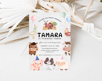 Editable Farm Birthday Invitation Cute Farm Animals Party Invite Barnyard Party Invite Instant Download Printable template Instant Download