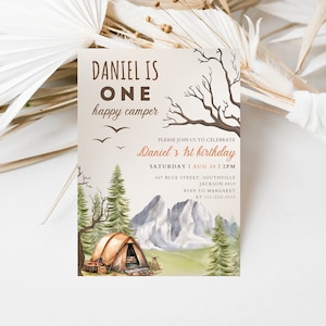 One Happy Camper Invitation Camping Birthday Invite Camper Party First birthday 1st Camping Bear Editable Printable Download