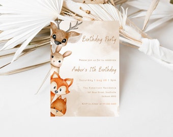 Editable Woodland Animals Birthday Invitation, Printable Woodland Invitation, Forest Animals Birthday Party Invitation, Editable Template