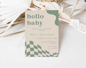Sage Green Retro Baby Shower Invitation Gender Neutral Baby Shower Hello Baby Wavy Checkered Baby Shower Invite Editable Template