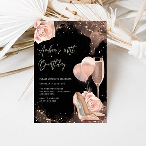 Modèle imprimable d'invitation d'anniversaire avec des talons en or rose, faire-part de fête modifiable avec des paillettes de fleurs crème pour les femmes, carte imprimable