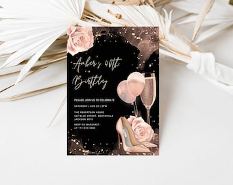 May include: A black and gold birthday invitation with a rose, champagne flutes, and high heels. The text reads "Amber's 40th Birthday".