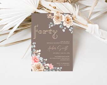Boho veertig verjaardagsuitnodiging sjabloon, bruine bloemen 40e uitnodiging afdrukbare, Boho rustieke bewerkbare verjaardagsuitnodiging