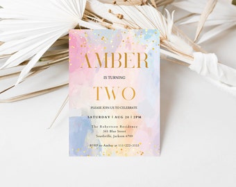 Rainbow Birthday Invitation Glitter Pastel Invitation Colorful Watercolor Gold Foil Splatter Birthday Invitation