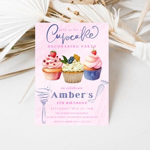 Uitnodiging voor feestje cupcake versieren, bewerkbare verjaardagsuitnodiging bakken, kindersnoepjes verjaardag, meisjes kookfeest, uitnodiging bakkerij