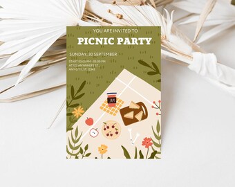 Editable Picnic Party Invitation Girl Sweet Summer Picnic Party Green Illustrated Picnic Party Invitation Invite Digital Printable Template