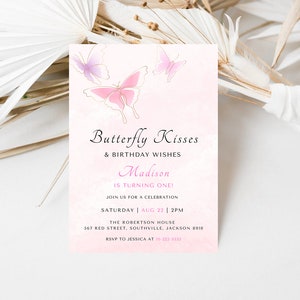 Editable Butterfly Birthday Invitation Girl Butterfly Kisses Invite 1st Birthday Party Floral Pink Download Printable Template