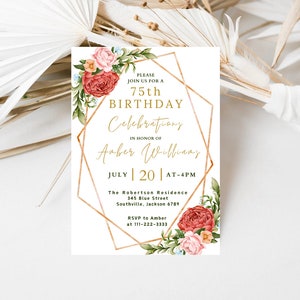 Invitation 75e anniversaire à fleurs rose marsala & fard à joues, modèle MODIFIABLE, invitation d'anniversaire imprimable florale pour femme, inviter les femmes de tout âge