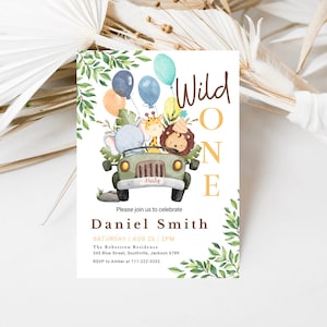 Wild One Birthday Boy Invitation, EDITABLE Safari Animals Party Invite Template, Jungle Safari Theme First Birthday, Instant Download