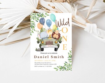 May include: A jungle-themed first birthday party invitation with a green jeep carrying a giraffe, elephant, and lion. The invitation reads "Wild One" and includes the party details: date, time, location, and RSVP information.
