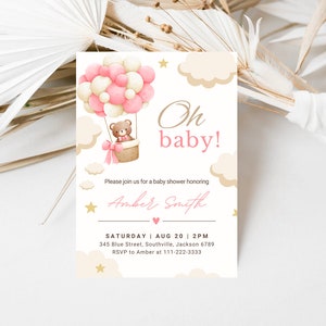 Bearbeitbare Bär Ballons Baby-Dusche-Einladung, druckbare Oh Baby Teddy Bär Baby-Dusche einladen, Geschlecht Neutral Braunbär, DIGITAL DOWNLOAD