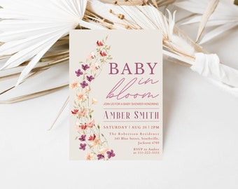 Invitación Baby In Bloom, Invitación a Baby Shower, Baby shower floral de primavera y verano, Plantilla de invitación a Baby shower digital