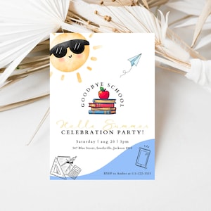 End of School Party Invitation, Last Day Of School Hello Summer, School’s Out, Sun, Water Slide DIGITAL Printable EDITABLE Invite