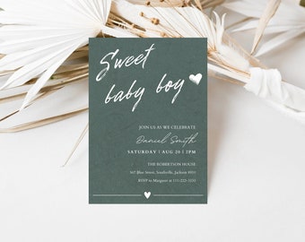 Sage Green Sweet Baby Boy Shower, Invitación a Baby Boy Shower, Plantilla de invitación a Sweet Baby Boy, Invitación minimalista a Baby Shower