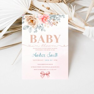 Editable Pink Floral Baby in Bloom Baby Shower Invitation Bundle, Girl Floral Baby Shower Invite, Pink Floral Shower Invite