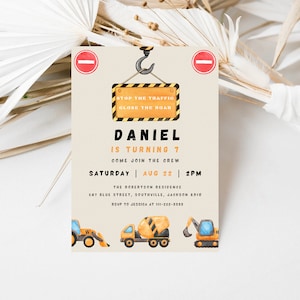 Modern Construction Birthday Invitation, EDITABLE Dump Trucks Party Invite Template, Boy Outdoor Birthday, Excavator, Instant Download