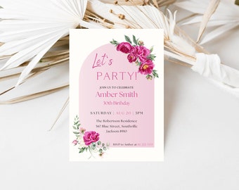 Hot pink birthday party invitation template, hot pink floral birthday invitations for her blush pink roses magenta ladies