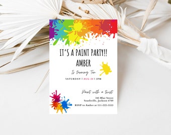 May include: A colorful paint splatter design birthday party invitation for Amber's 10th birthday. The invitation says "It's a paint party!! Amber is turning ten. Saturday I Aug 20 I 2PM. Paint with a twist. 345 Blue Street Southville, Jackson 6789. RSVP to Amber at 111-222-3333"