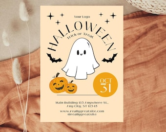 May include: A rectangular Halloween flyer on a light cream background featuring a central white ghost, two orange jack-o'-lanterns, black bats, and stars. Text includes "Your Logo", "HALLOWEEN", "Trick or Treat", "OCT 31", address, and website details.