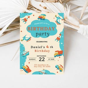 May include: A birthday party invitation with a light blue and cream color scheme. The invitation features a cartoon illustration of various vehicles, including a helicopter, a truck, a car, a rocket, and a boat. The text on the invitation reads "Please join us for a Birthday party celebrating Daniel's 4th Birthday, Sunday, September 22 at 9am, 123 Anywhere St., Any City, ST 12345."
