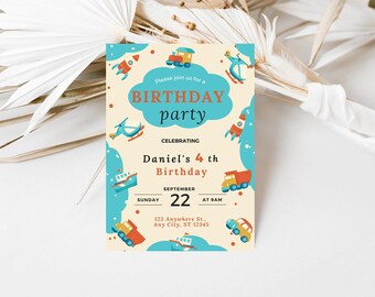 Editable Cute Transportation Birthday Party Invitation Modern Transportation Invite Birthday Boy Instant Download Printable Template