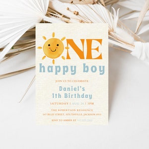 Una invitación de cumpleaños de niño feliz, invitación de cumpleaños de Sunshine, invitación de 1er cumpleaños de Sun Boy, invitación de 1er cumpleaños de un niño feliz