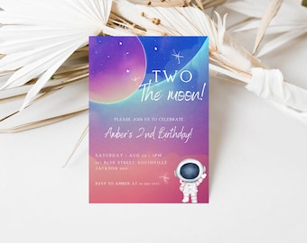 Two the Moon Birthday Invitation Template Girl, Two the Moon 2nd Birthday Space Astronaut Invite Girl Printable, Instant Download