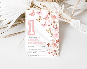 Butterfly Birthday Invitation, 1st Birthday Invite, Floral Butterfly Birthday Invitation, Pink Purple Butterfly Party, 1st Birthday Girl