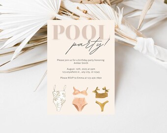 Beige Pool Party Invitation Pool Birthday Party Invite Swimming Pool Birthday Summer Pool Party Instant Download Editable File