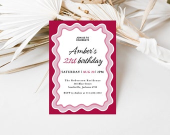 Ladies 21st Birthday Invitation Printable Pink Red Dinner Party Invite Editable Digital Download Template Instant Download
