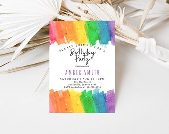 May include: A rainbow-colored birthday party invitation with a watercolor effect and gold glitter. The invitation says "Please join us for a Birthday Party in honor of Amber Smith" and includes the date, time, address, and RSVP information.