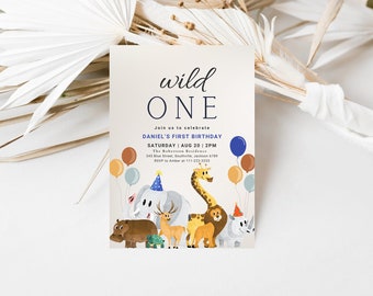 May include: A birthday invitation with the text "wild ONE" in black script. The invitation features cartoon animals, including an elephant, giraffe, and lion, with balloons. The invitation includes the date, time, and location of the party.