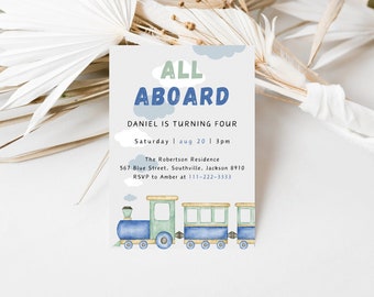 All Aboard, Editable Train Birthday Invitation, Modern Train Invitation, Boy Train Party Editable, Portrait