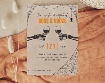 May include: A rectangular Halloween party invitation on beige paper featuring black skeleton hands holding wine glasses, spider web illustrations, and the text Join us for a night of BOOS & BOOZE, Oct 27, 9pm, The Robertson House, 567 Red Street, Southville, Jackson 8910, RSVP to Margaret at 111-222-3333.
