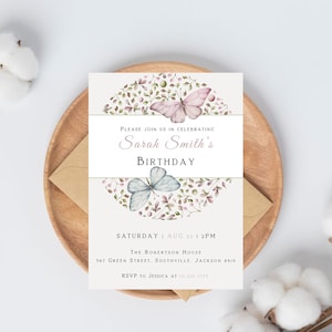 Butterfly Birthday Invitation, Modern Butterfly Invitation, Butterflies Birthday Theme, Girl Birthday, Butterfly Party Editable Template