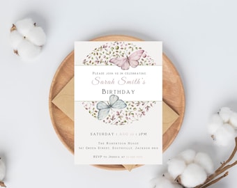 Butterfly Birthday Invitation, Modern Butterfly Invitation, Butterflies Birthday Theme, Girl Birthday, Butterfly Party Editable Template